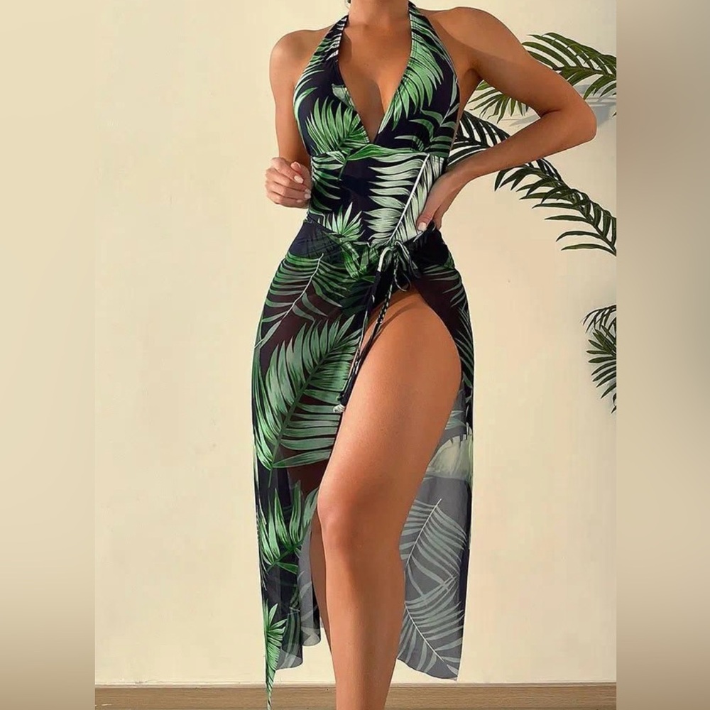 Tropical Halter One-Piece Swimsuit - Black & Green Leaf Print